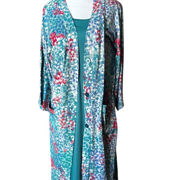 Midnight by Carole Hochman Teal and Pink Floral Robe Set 95% Polyester 5%Spandex - Picture 2 of 6